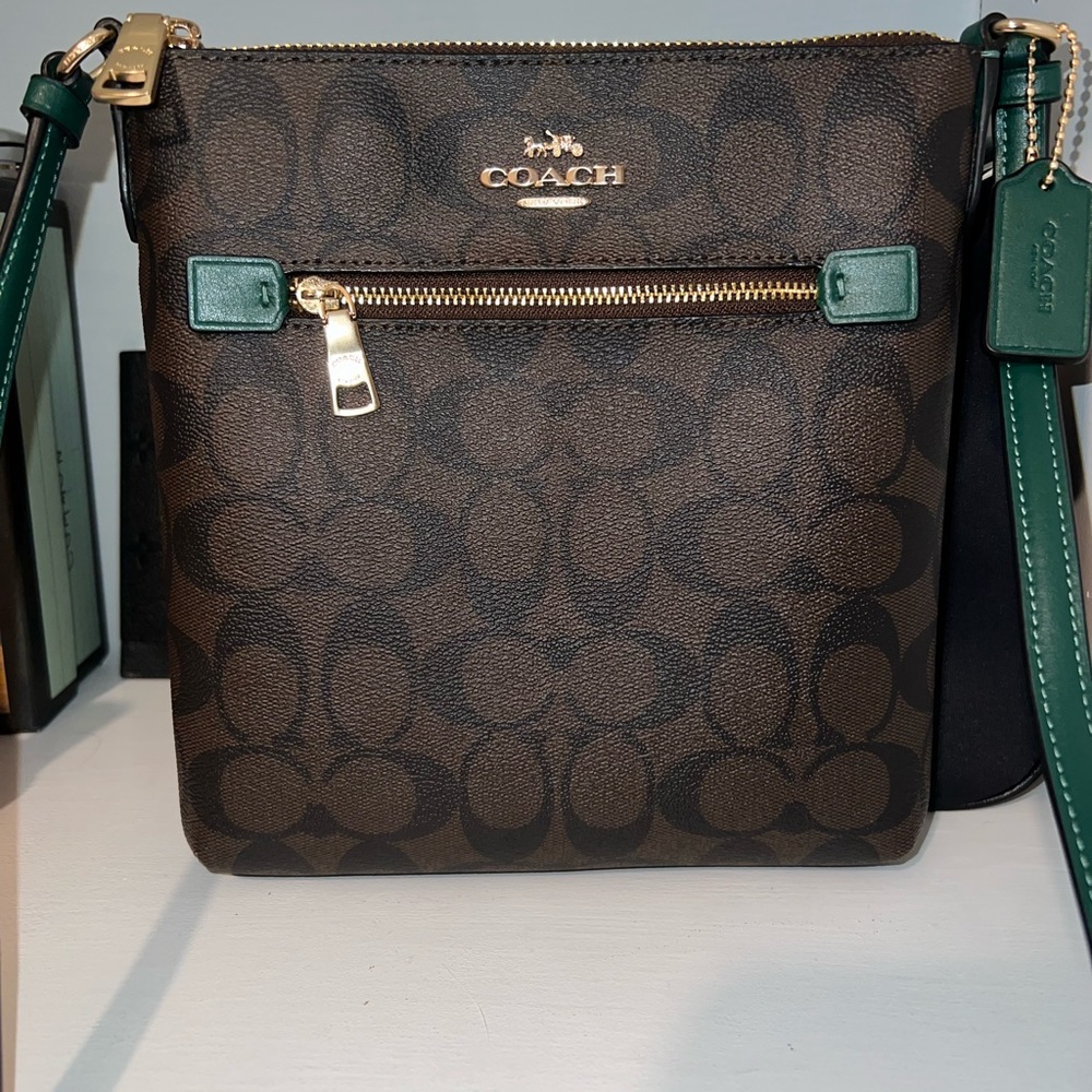 NWT Coach Mini Rowan File Bag In Signature Canvas Brown Dark Pine